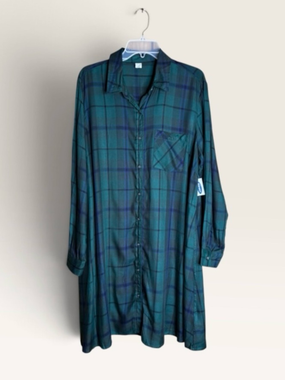 Old Navy XL NWT Green Blue Plaid Swing Shirt Dress Rayon